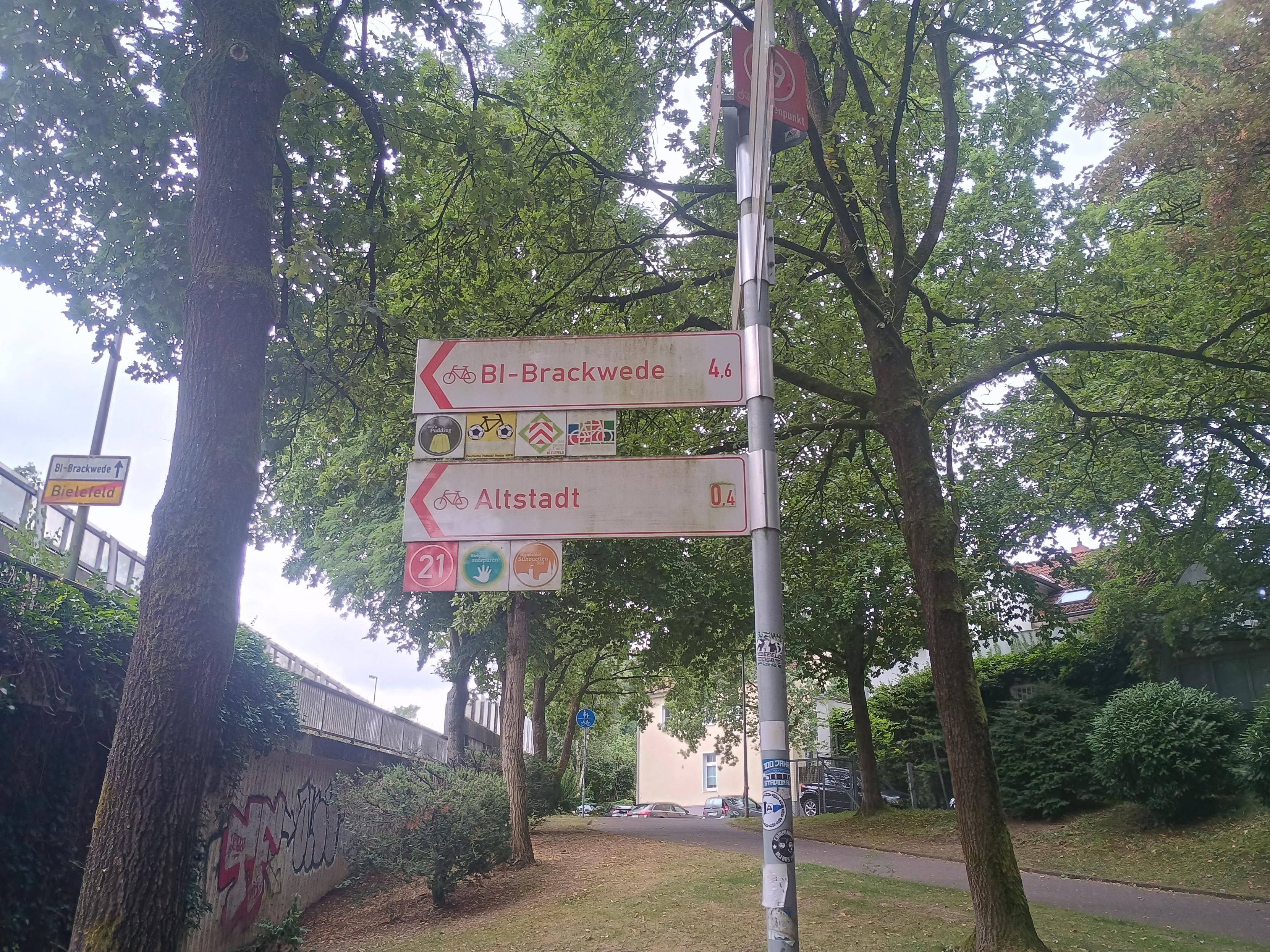 Foto der Radnetzschilder, die Richtung Poller/Tunneleingang zeigen.