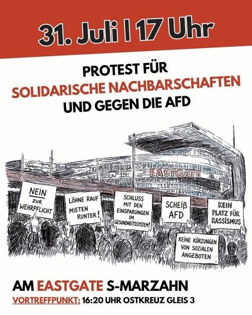 The image is a protest poster announcing an event on July 31 at 5 PM, focused on advocating for solidarity among neighborhoods and opposing the political party AfD. It includes statements against compulsory military service, high rents, cuts to social services.